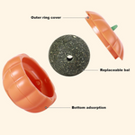 Pumpkin-shaped toy with labeled parts on a beige background