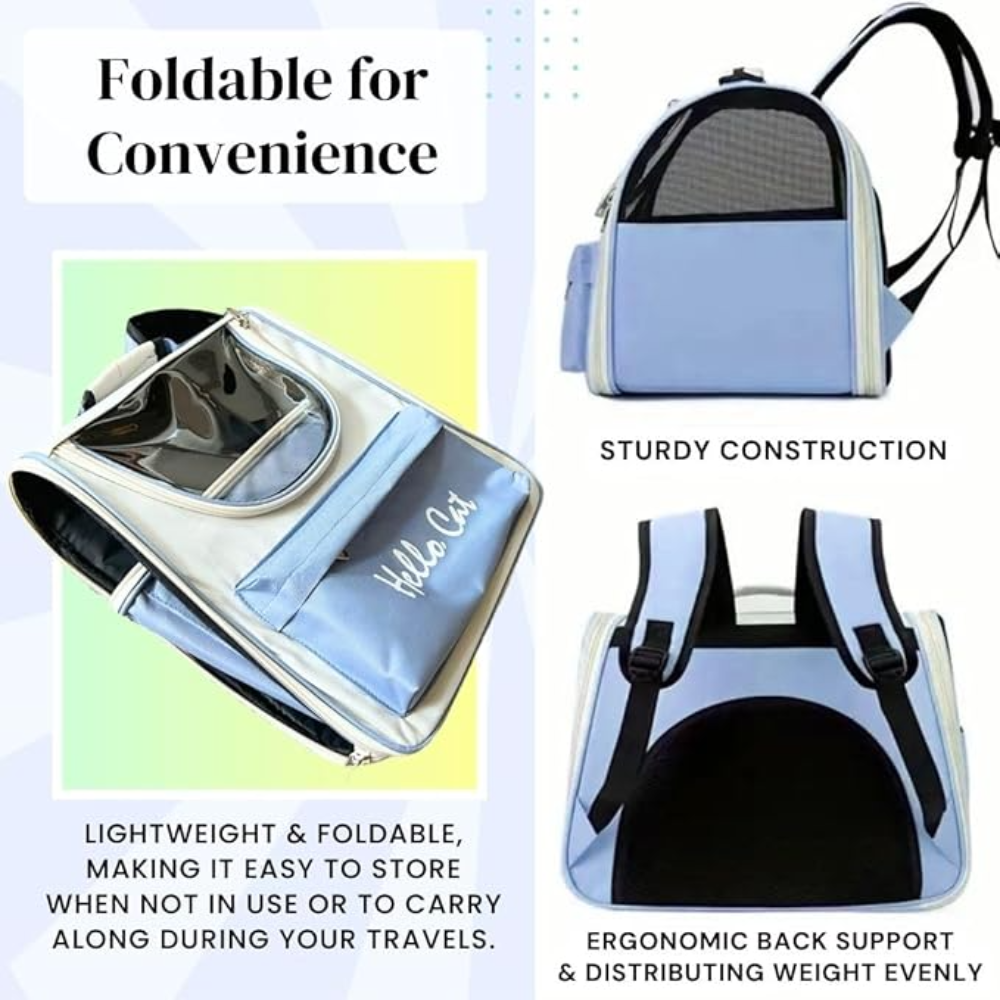 Pet carrier with text highlighting features like foldability, construction, weight, and ergonomic design.