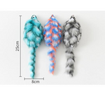 Three colorful cat tails with measurements on a white background