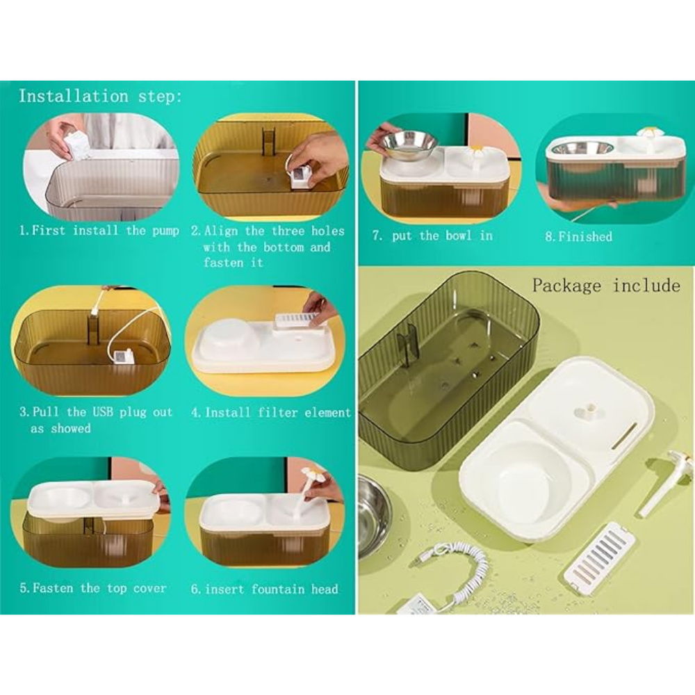 Step-by-step installation guide and product package for a pet water fountain on a green and beige background.