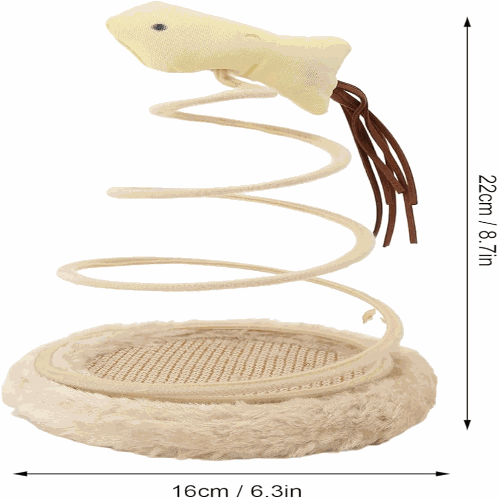 Cat toy resembling a snake with measurements on a white background