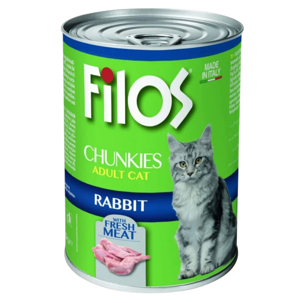 Can of Filos Chunkies Adult Cat Rabbit food with a cat on the label