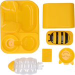 Set of yellow and black bee-themed items including a lunchbox, container, and accessories on a white background.