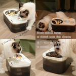 Collage of a cat using a pet feeder with various features highlighted.