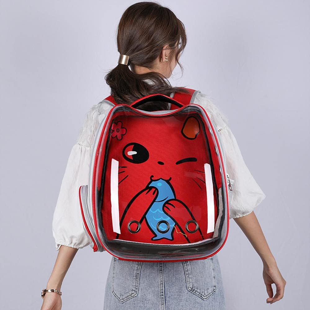 Person wearing a red backpack with a cartoon design on a plain background