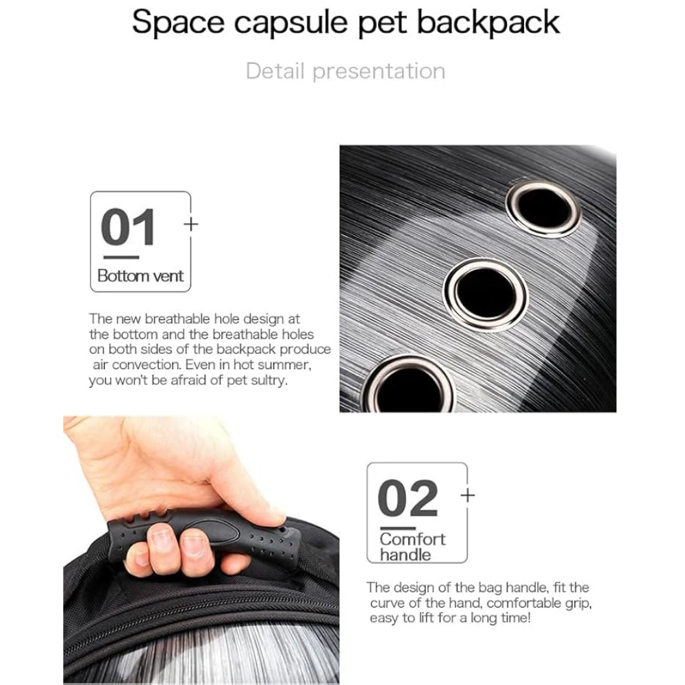 Space capsule pet backpack with bottom vent and comfort handle features on a white background.
