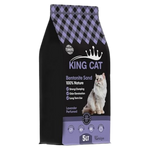 Bag of King Cat bentonite sand with a checkered purple top on a white background