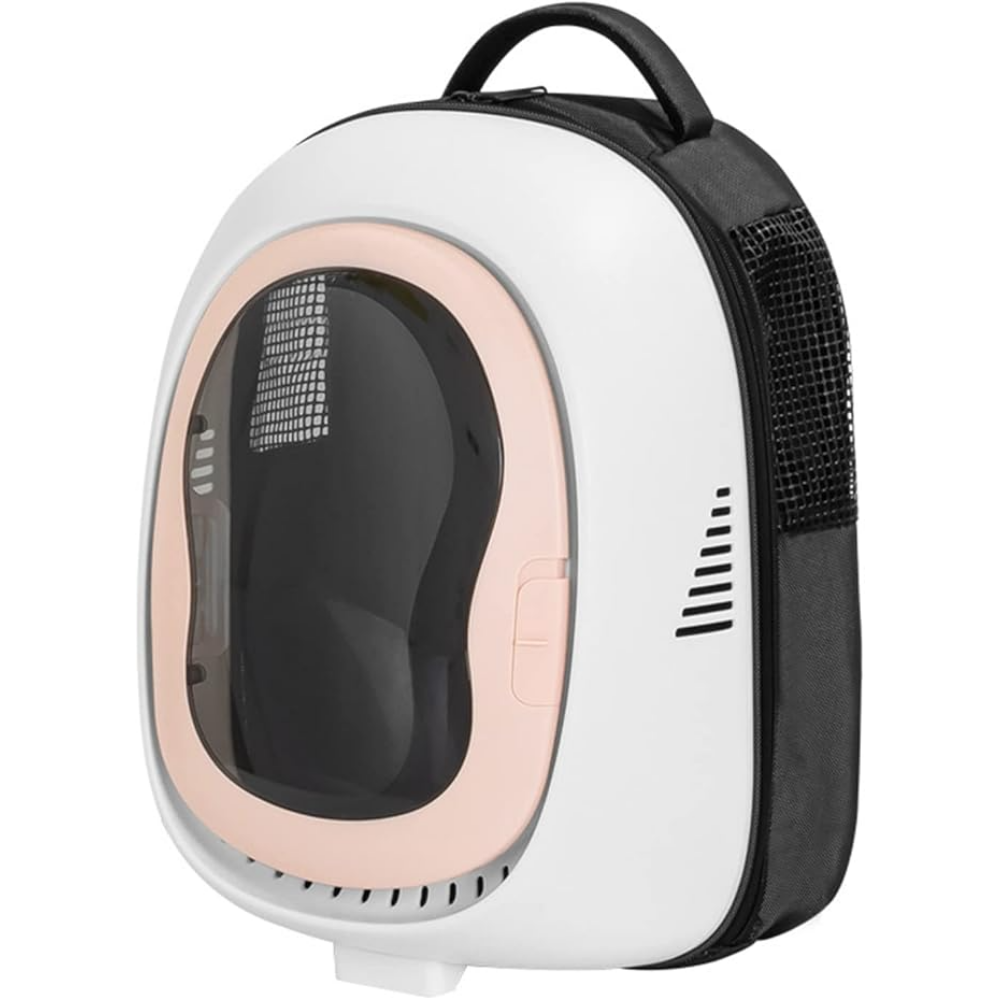 Pet carrier with a white exterior, black interior, and pink rim on a white background