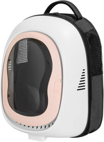 Pet carrier with a white exterior, black interior, and pink rim on a white background