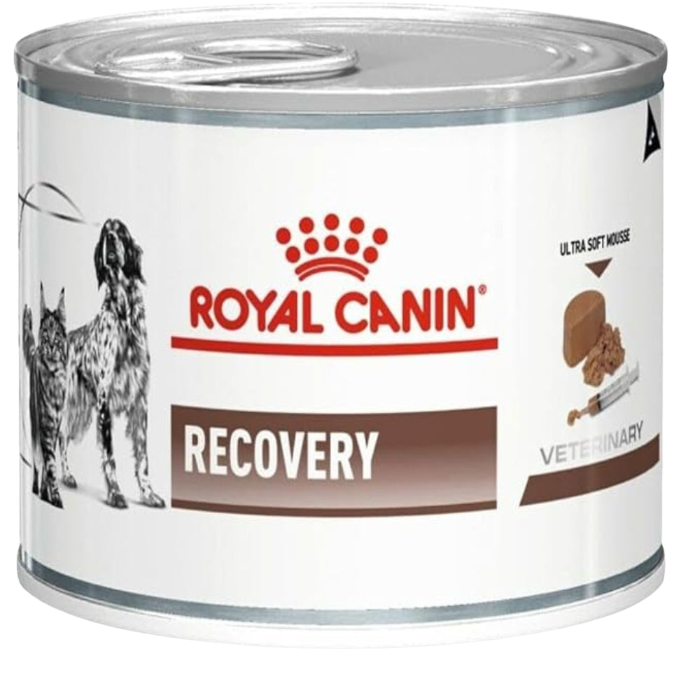 Can of Royal Canin Recovery pet food on a white background