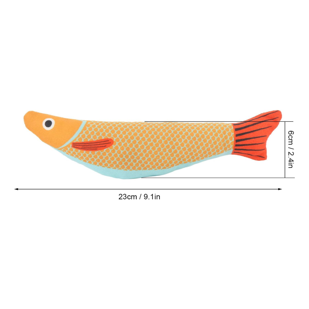 Fish-shaped toy with measurements on a white background