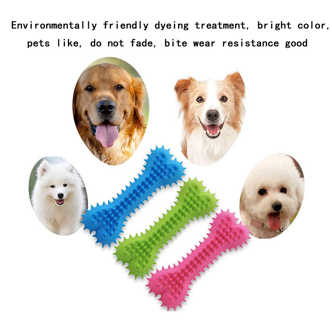 Colorful dog toys with images of happy dogs and text about environmental dye treatment and durability.