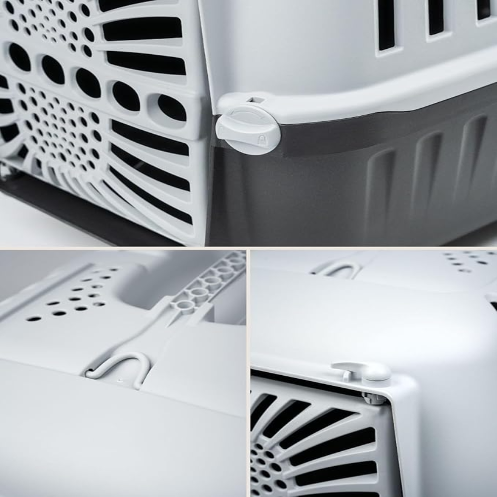 Collage of close-up details of a pet carrier with ventilation holes and latch.