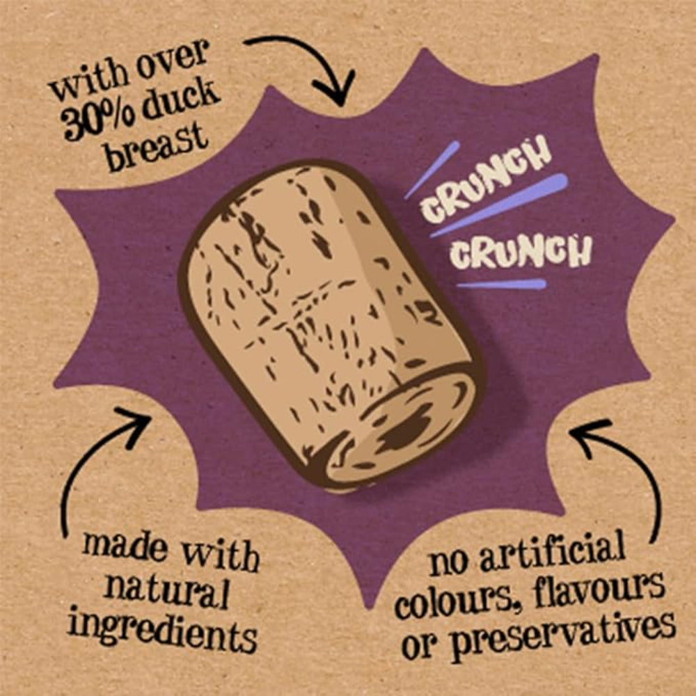 Illustration of a cork with text about duck breast and natural ingredients on a brown background