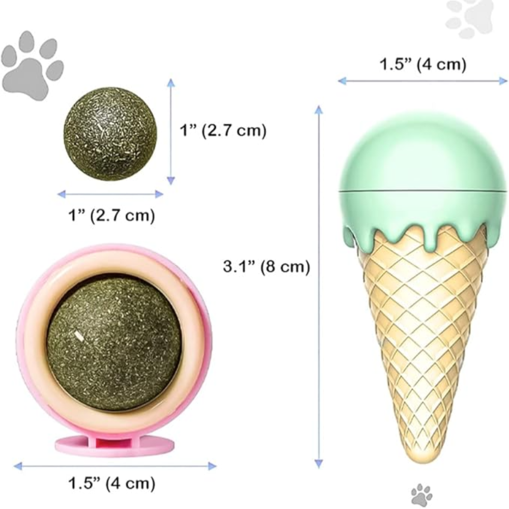 Measurement chart comparing a round object, a pink container with a round object, and an ice cream cone-shaped container.