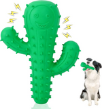 Green cactus-shaped dog toy with a dog holding it on a white background