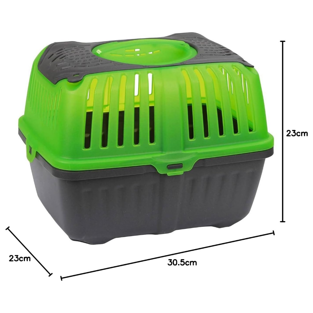 Green and black pet carrier with dimensions on a white background