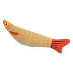 Fish-shaped toy with orange and yellow pattern on a white background