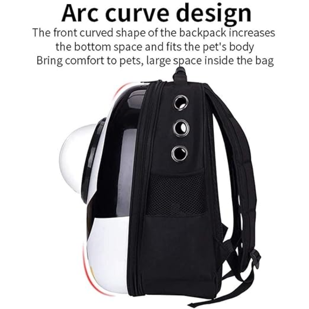 Pet backpack with arc curve design on a white background