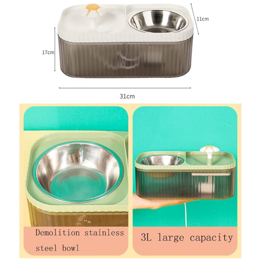 Pet water and food bowl with measurements and capacity details on a white background