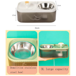 Pet water and food bowl with measurements and capacity details on a white background