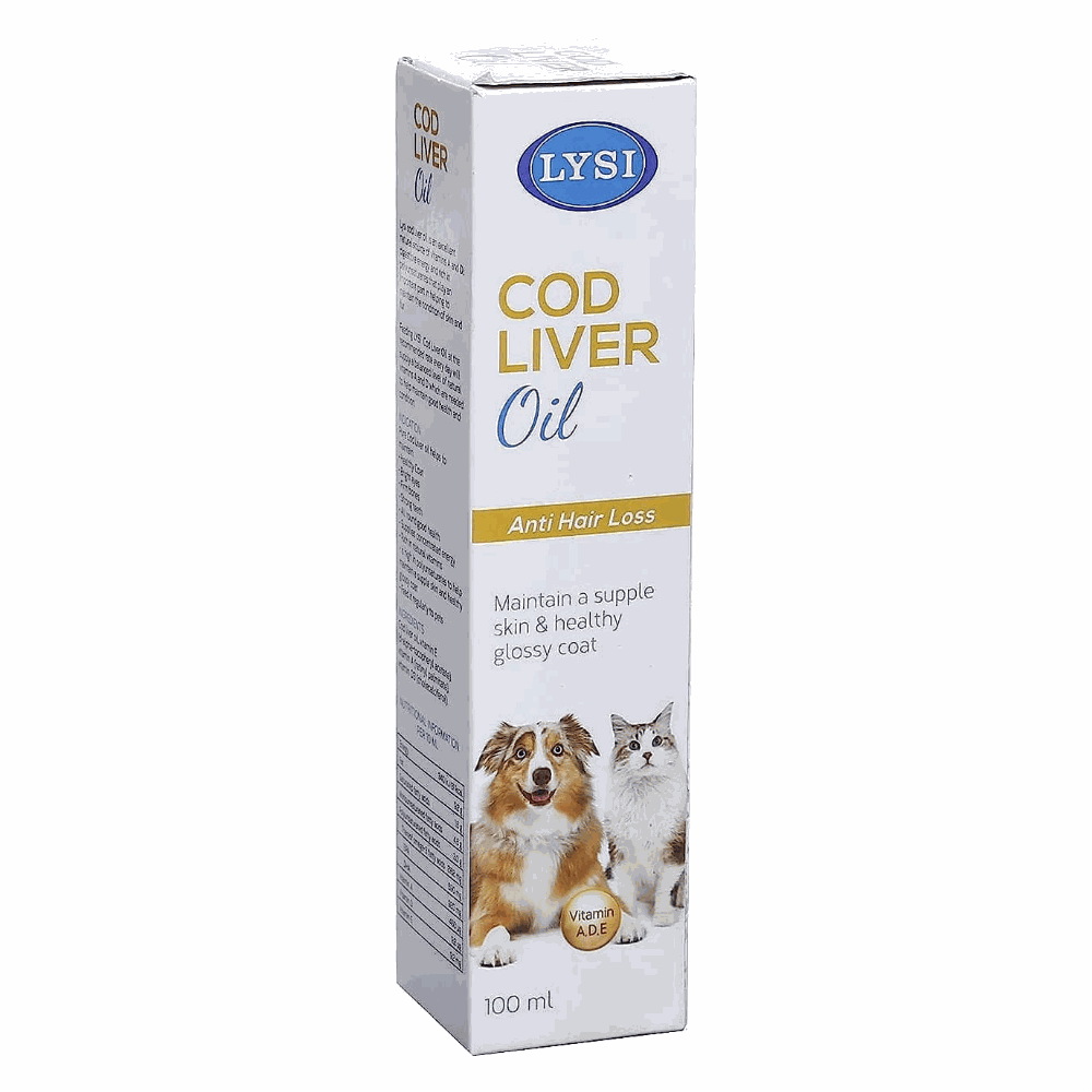 Box of LYSI Cod Liver Oil for pets on a white background