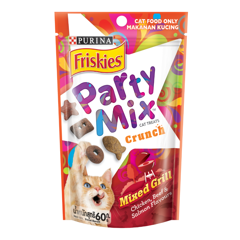 Purina Friskies Party Mix Crunch cat treats packaging on a white background
