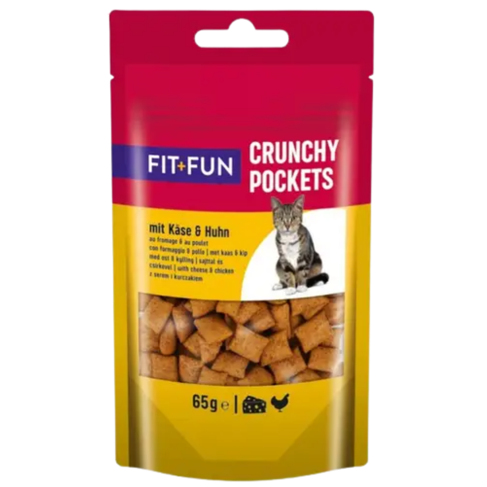 Cat food package labeled 'Fit+Fun Crunchy Pockets' with a cat on the label.
