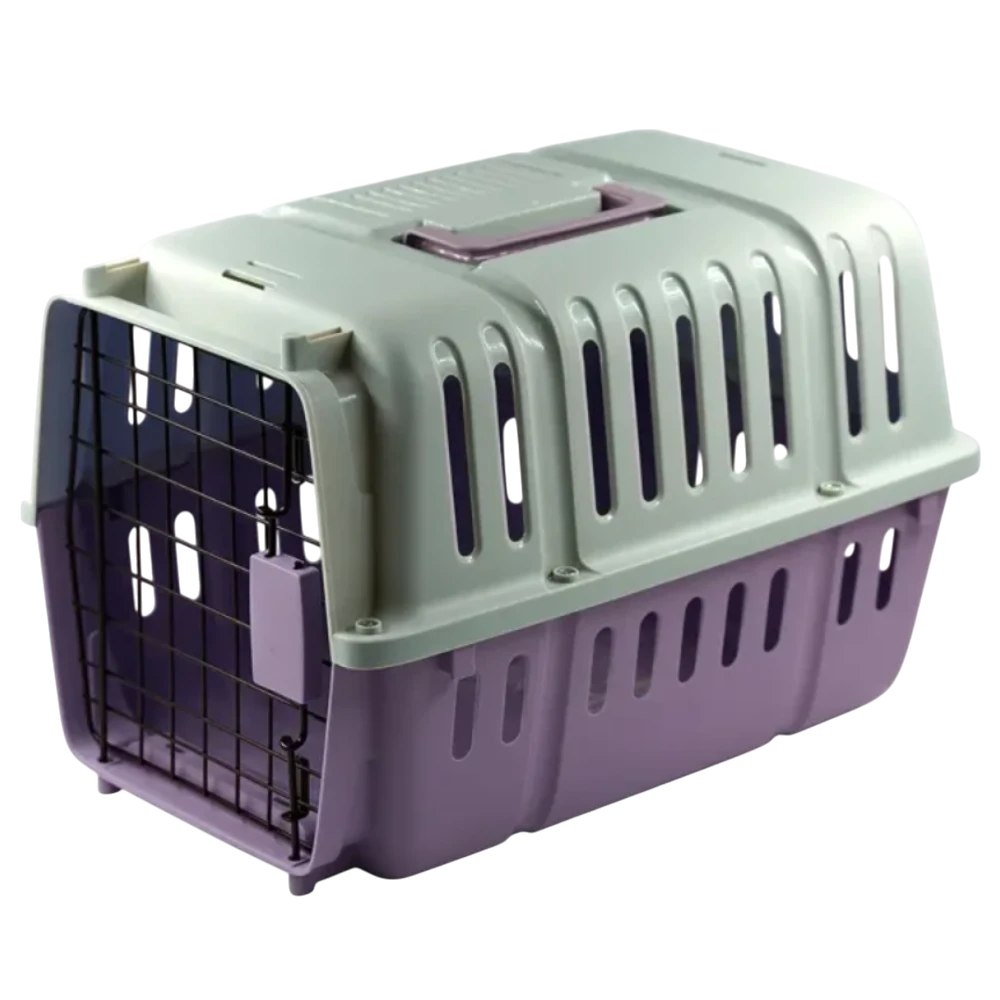 Pet carrier with green top and purple bottom on a white background