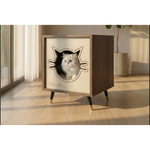 Wooden pet bed with a cat design on a wooden floor