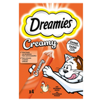Dreamies Creamy cat treat packaging with cartoon cat and text on an orange background