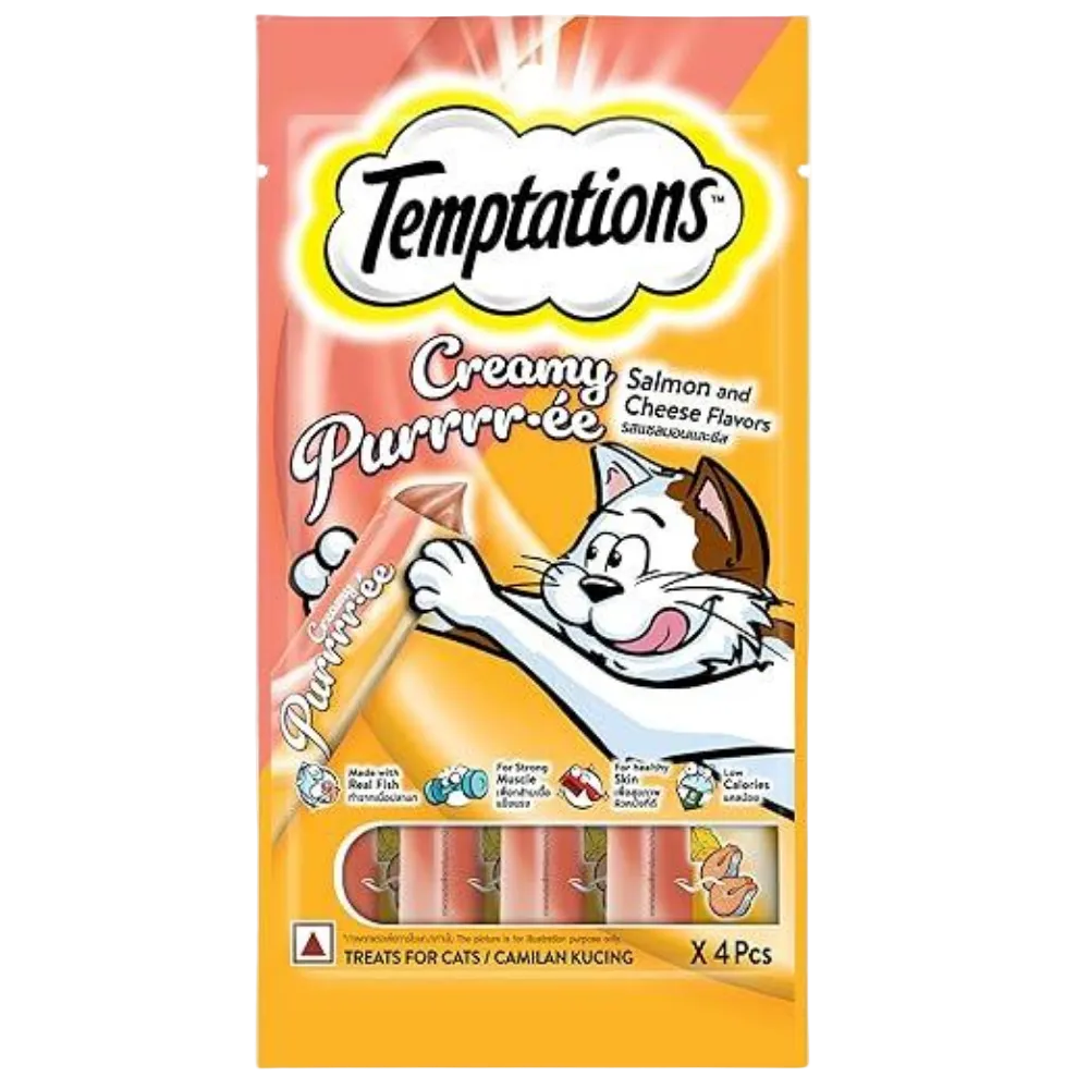 Packaging of Temptations Creamy Purrree cat treats with a cartoon cat on a white background