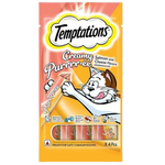 Packaging of Temptations Creamy Purrree cat treats with a cartoon cat on a white background
