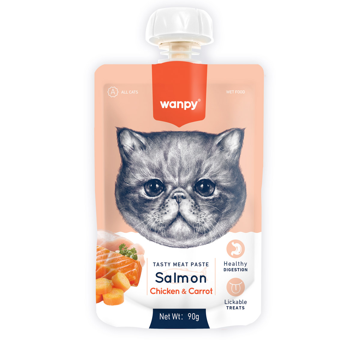 Wanpy cat food pouch with salmon, chicken, and carrot on a white background