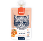 Wanpy cat food pouch with salmon, chicken, and carrot on a white background