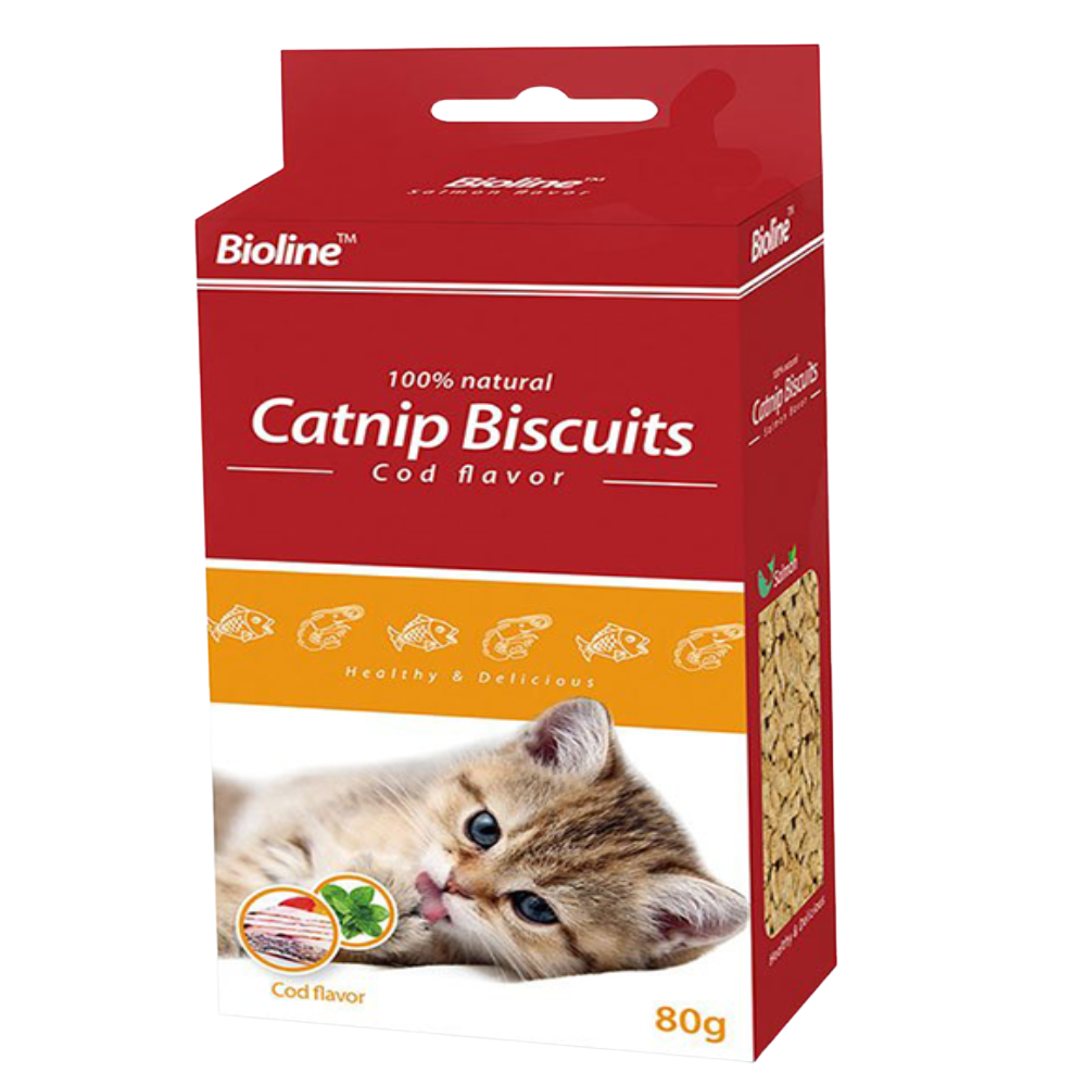 Box of Bioline Catnip Biscuits for cats on a white background