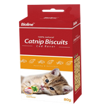 Box of Bioline Catnip Biscuits for cats on a white background
