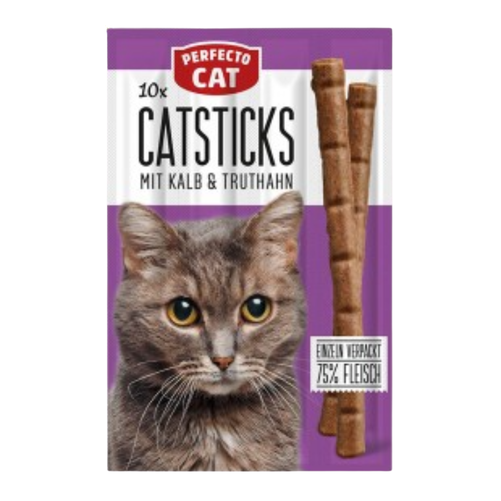 Packaging of Perfecto Cat Catsticks with a cat on the front