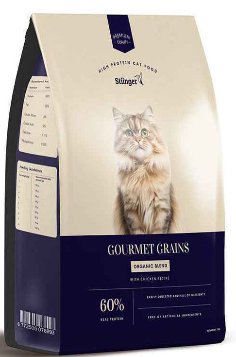 Cat food package with a cat on the label against a white background