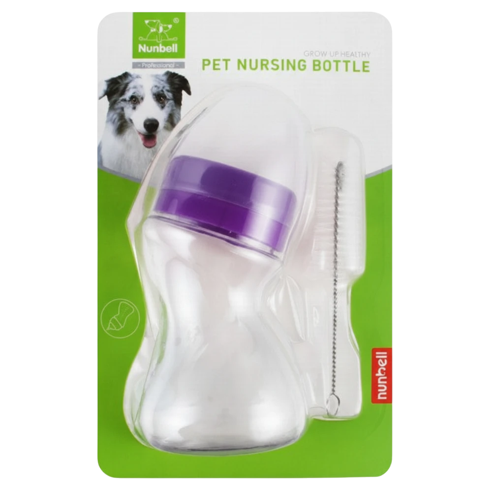 Nunbell pet nursing bottle on a green packaging background with a dog illustration.