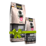 Two packages of Buddy dog food with a green ribbon on a white background