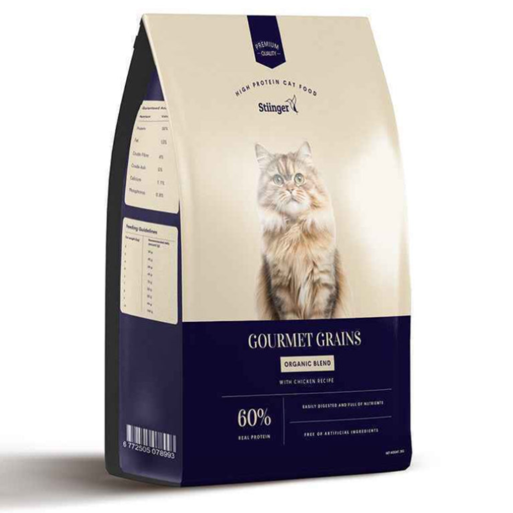 Bag of gourmet cat food with a cat on the label against a white background