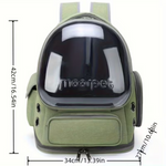 Green pet carrier with transparent front panel, Moopet branding, and measurements on a white background