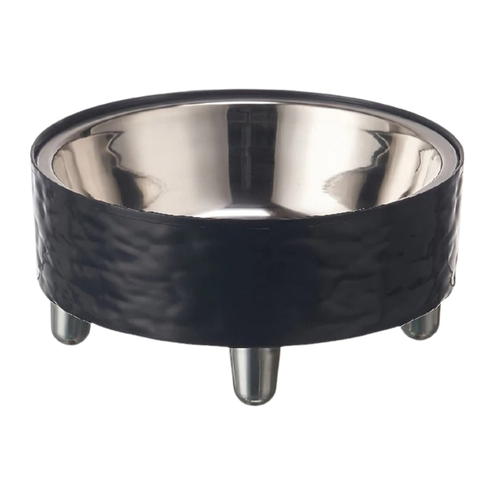 Black-rimmed stainless steel bowl on a white background