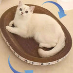 White cat lying on a brown cat scratcher with blue arrows indicating movement.