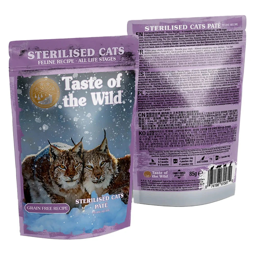 Taste of the Wild cat food package for sterilised cats with a snowy lynx design on the front.