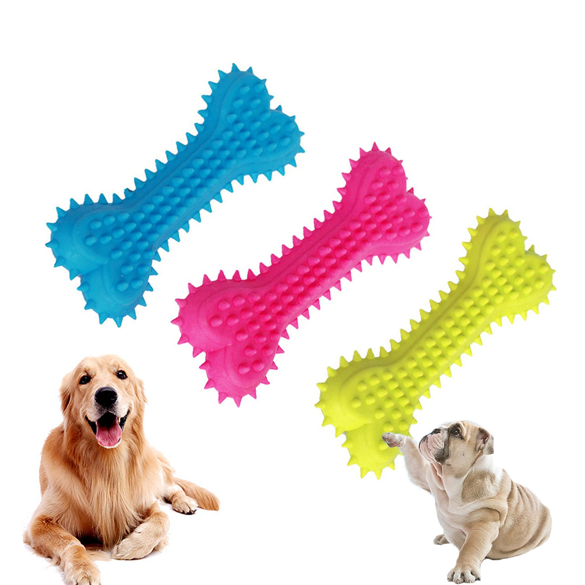 Three colorful bone-shaped dog toys with two dogs interacting with them on a white background.