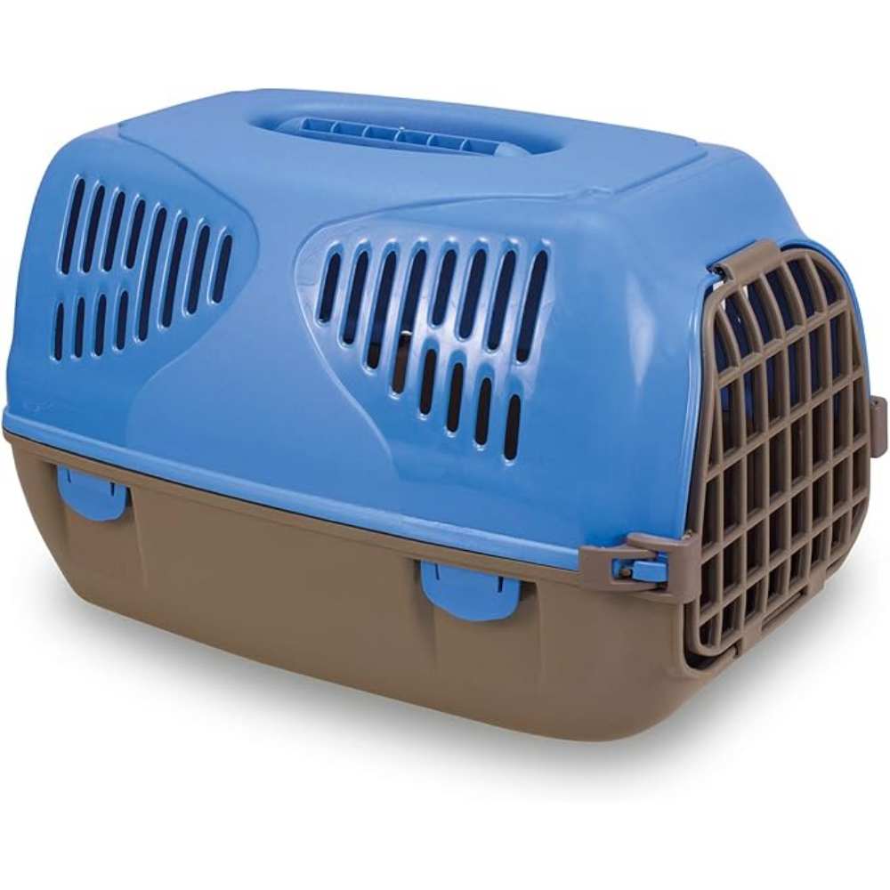 Blue and brown pet carrier on a white background