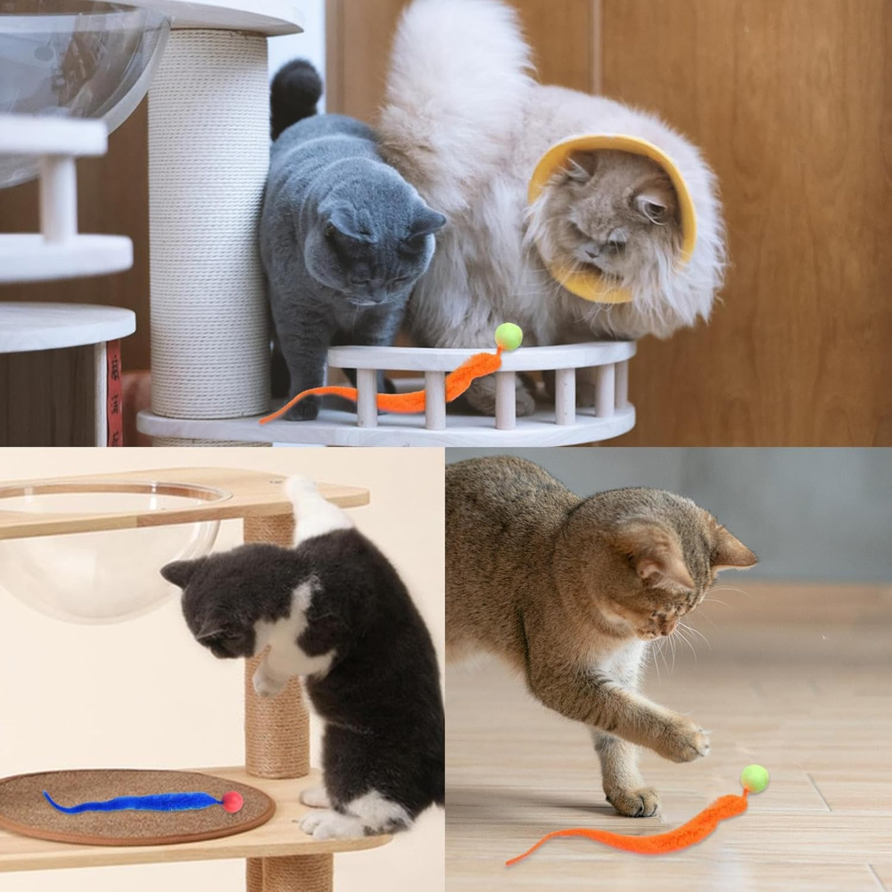 Collage of cats interacting with various cat toys including a hanging toy, a toy on a stand, and a toy on the floor.