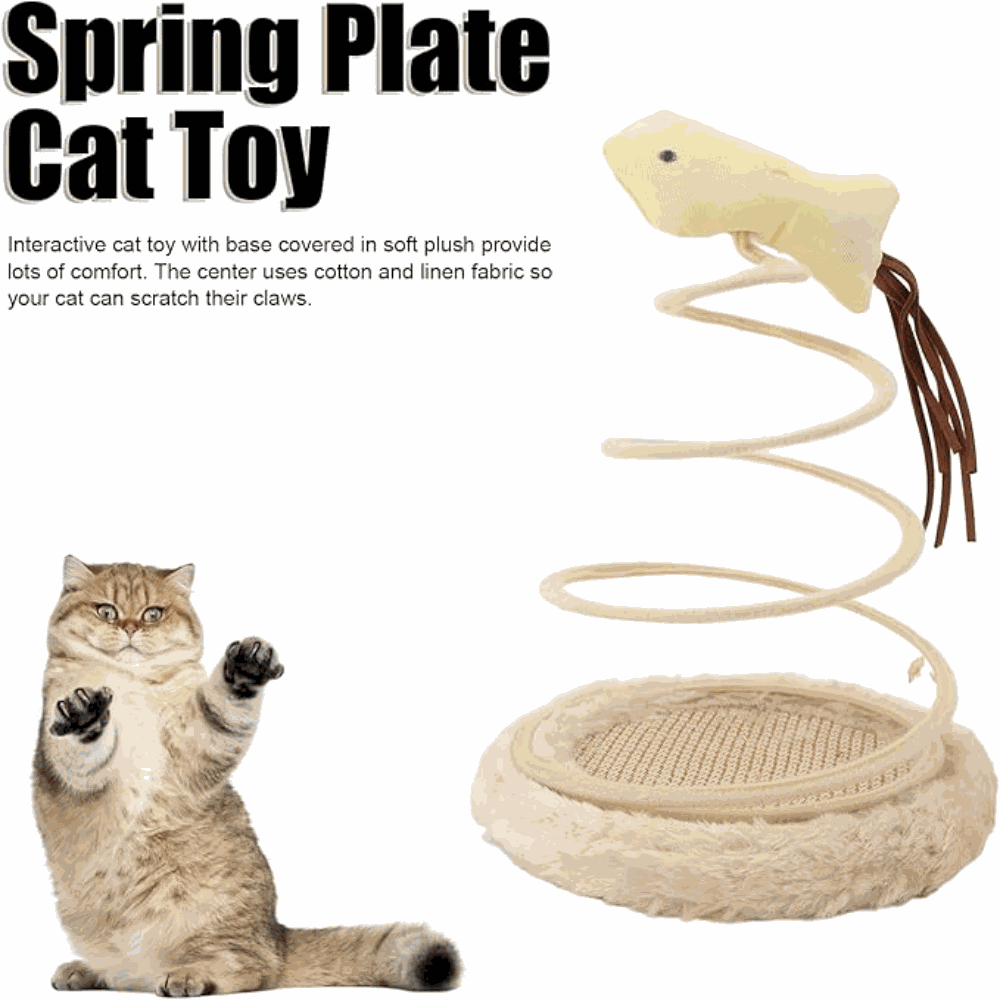 Spring plate cat toy with a cat and product description text on a white background